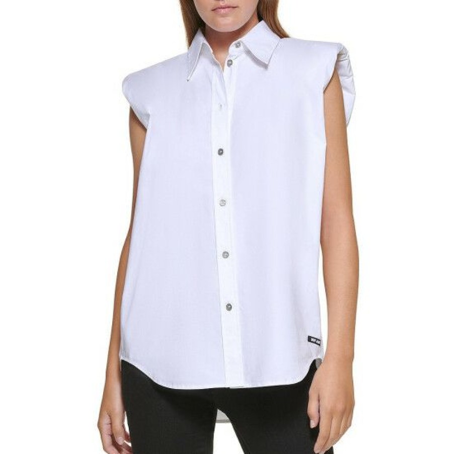 Women'S Clothing * | Best Reviews Of Dkny Jeans Sleeveless Padded Shoulder Point Collar Button Front Top White