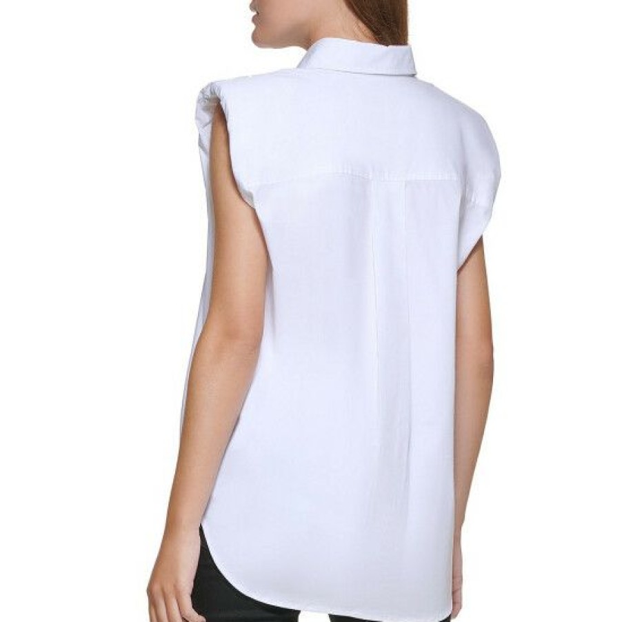 Women'S Clothing * | Best Reviews Of Dkny Jeans Sleeveless Padded Shoulder Point Collar Button Front Top White