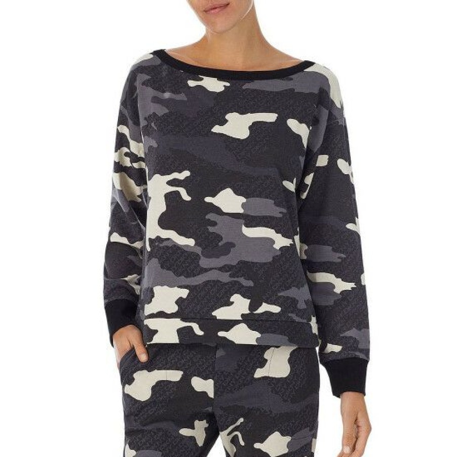 Lingerie * | Budget Dkny Camo Print Long Sleeve Boat Neck Knit Coordinating Lounge Top Charcoal