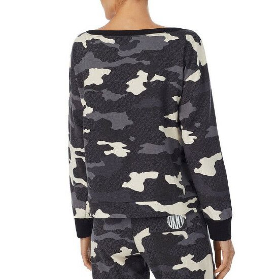 Lingerie * | Budget Dkny Camo Print Long Sleeve Boat Neck Knit Coordinating Lounge Top Charcoal