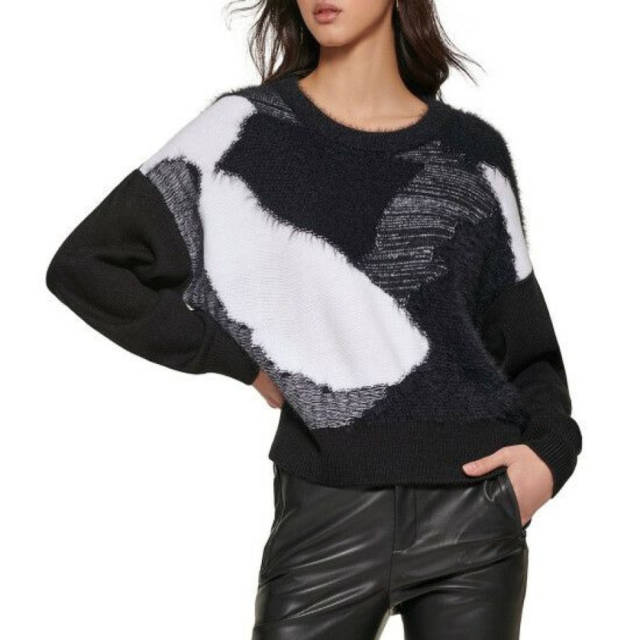 Women'S Clothing * | Discount Dkny Pattern Crew Neck Long Sleeve Color Block Pullover Sweater Black/Ivory