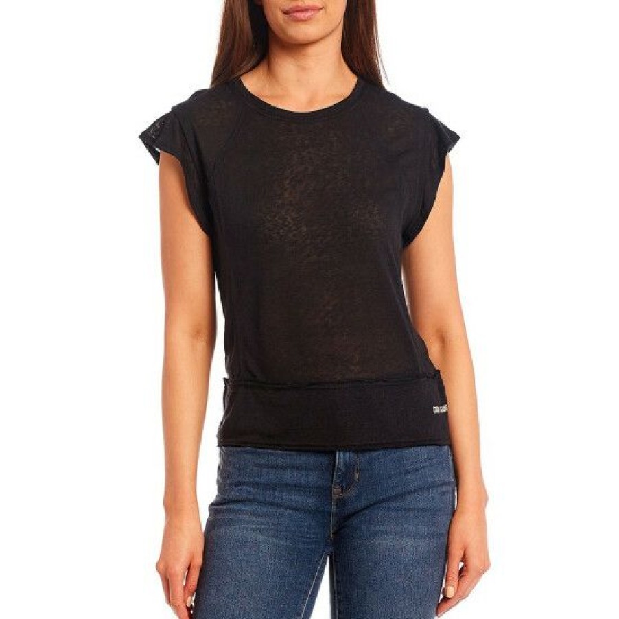 Women'S Clothing * | Budget Dkny Crew Neck Short Raglan Flutter Sleeve Waist Seam Hem Knit Top