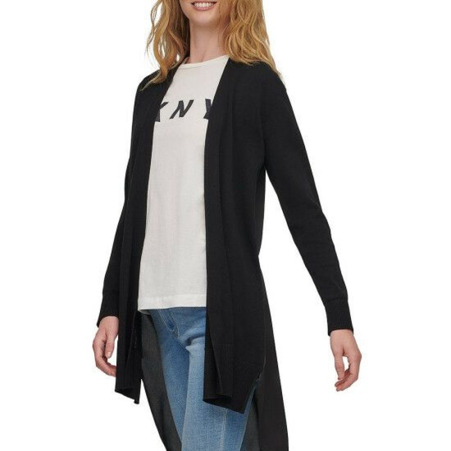 Women'S Clothing * | Best Reviews Of Dkny Mixed Media Open Front Long Sleeve High-Low Cardigan Black