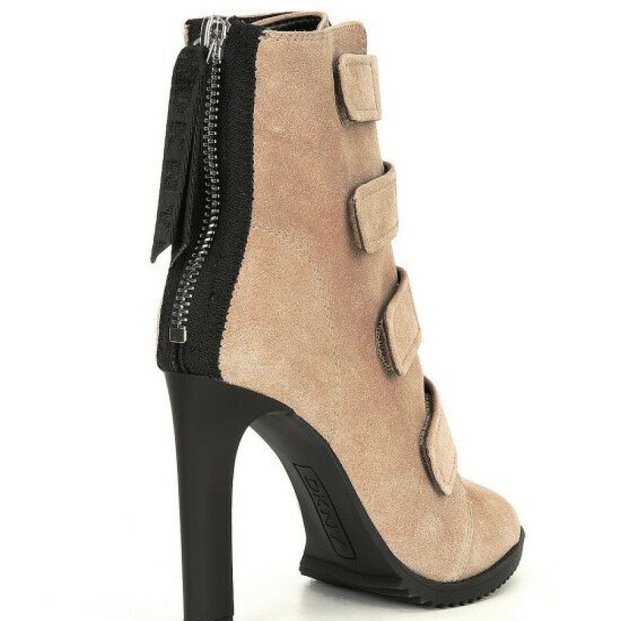 Shoes * | Cheapest Dkny Blake Strappy Suede Peep Toe Stiletto Booties Taupe