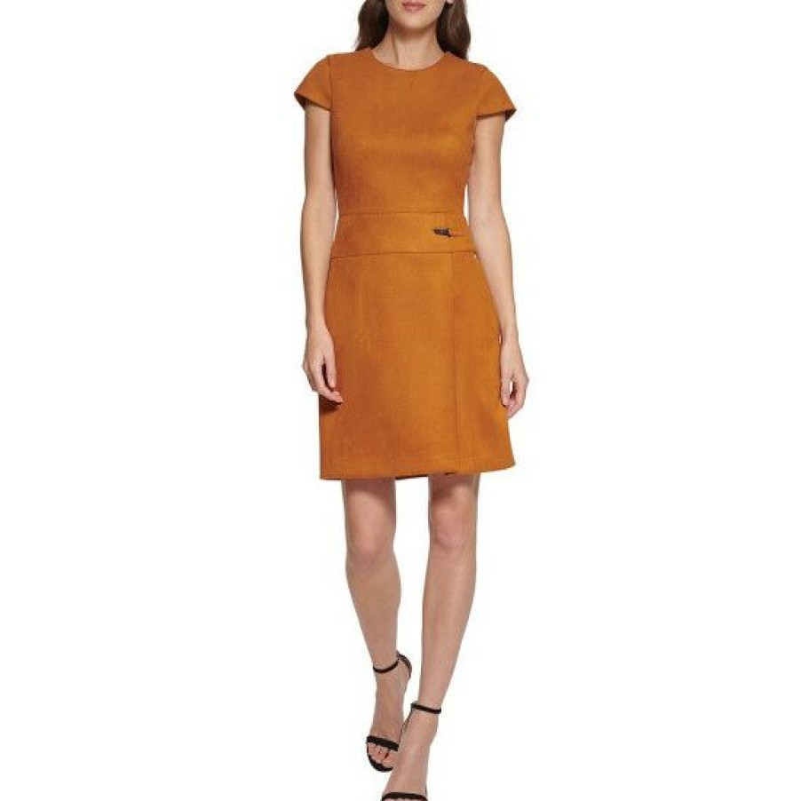 Women'S Clothing * | Cheapest Dkny Petite Size Solid Scuba Suede Crew Neck Short Sleeve A-Line Dress Pecan