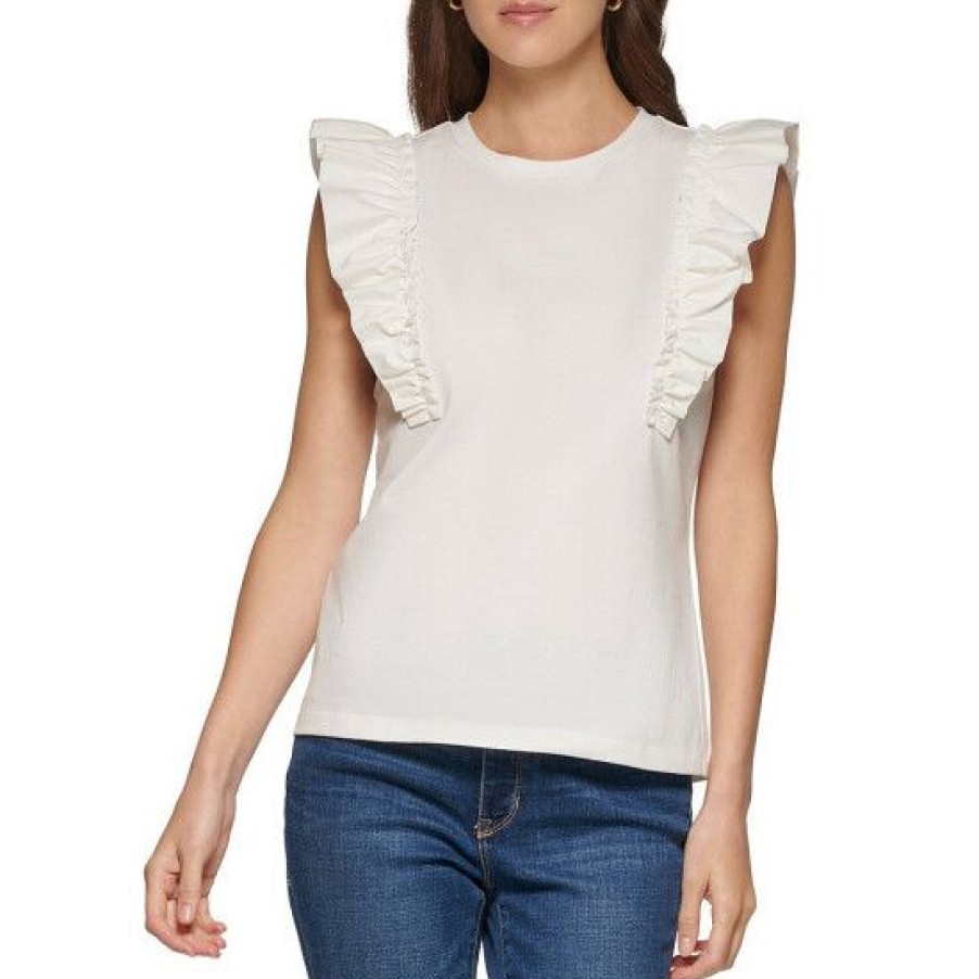 Women'S Clothing * | Best Deal Dkny Crew Neck Short Butterfly Ruffled Sleeve Knit Top Linen/White