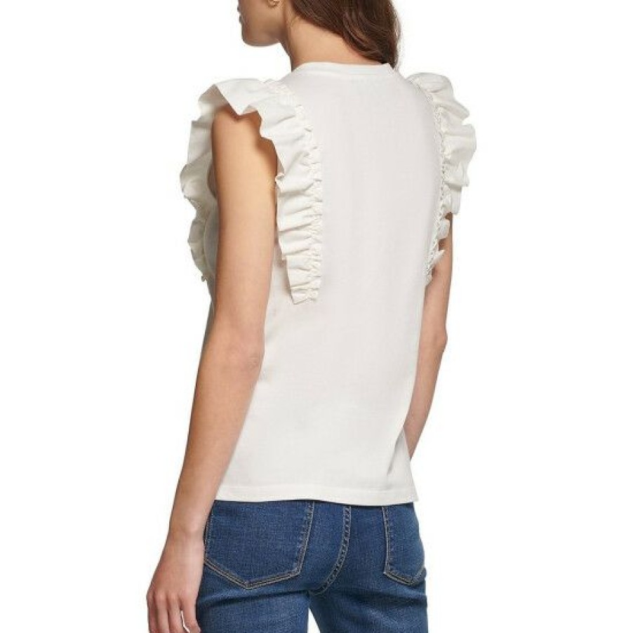 Women'S Clothing * | Best Deal Dkny Crew Neck Short Butterfly Ruffled Sleeve Knit Top Linen/White