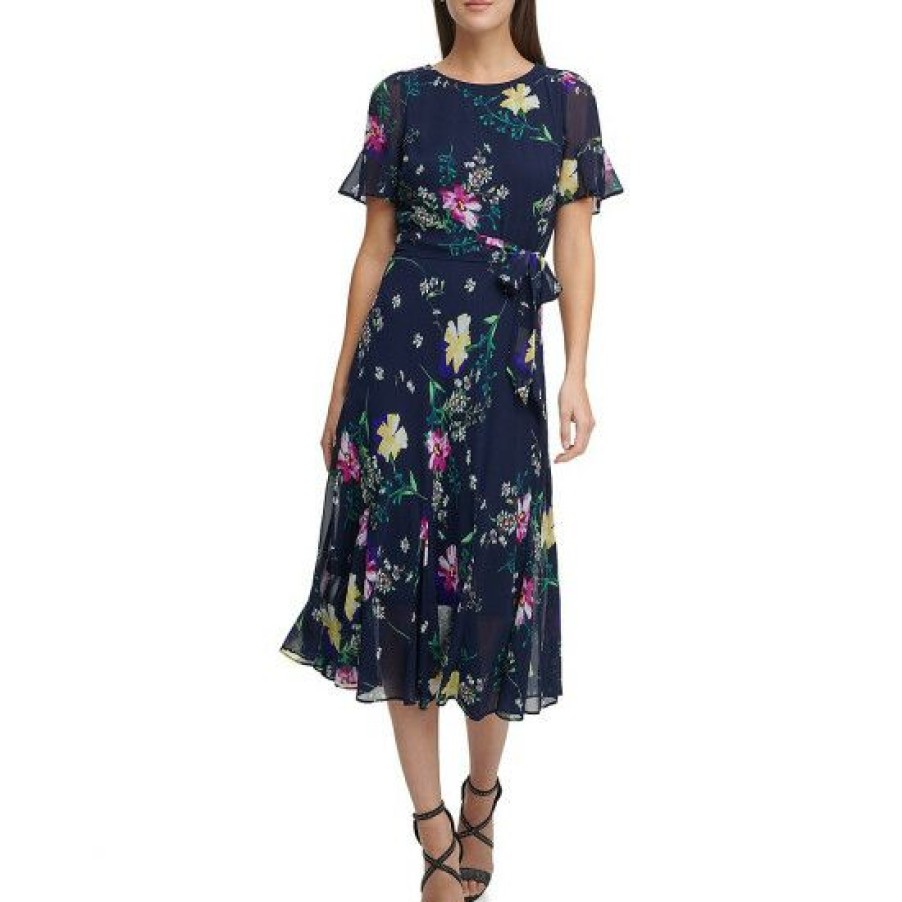 Women'S Clothing * | Cheap Dkny Sheer Short Flutter Sleeve Floral Print Chiffon Round Neck Tie Belt Midi Dress Navy Multi