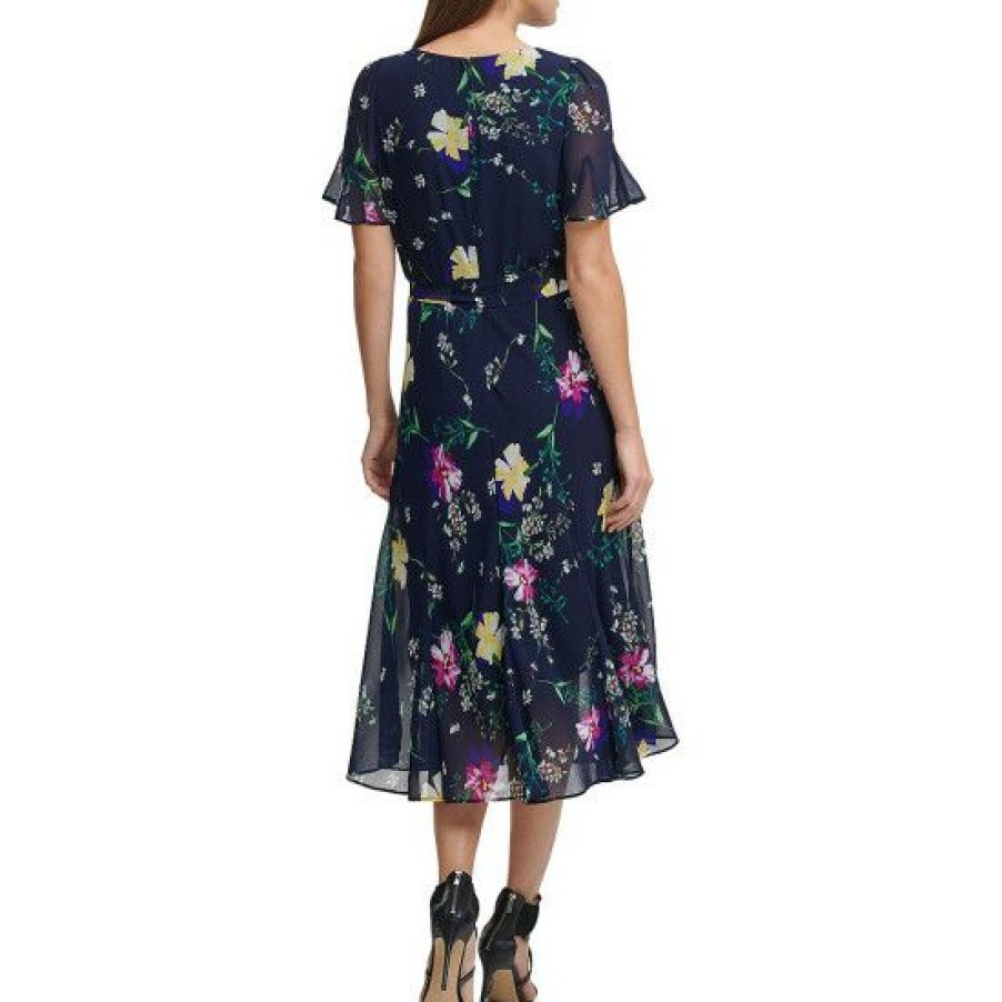 Women'S Clothing * | Cheap Dkny Sheer Short Flutter Sleeve Floral Print Chiffon Round Neck Tie Belt Midi Dress Navy Multi