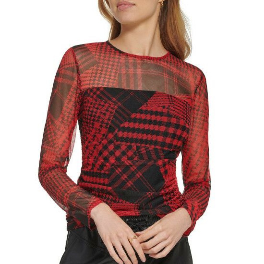 Women'S Clothing * | Hot Sale Dkny Crew Neck Long Sleeve Printed Mesh Top Black/Scarlet Multi