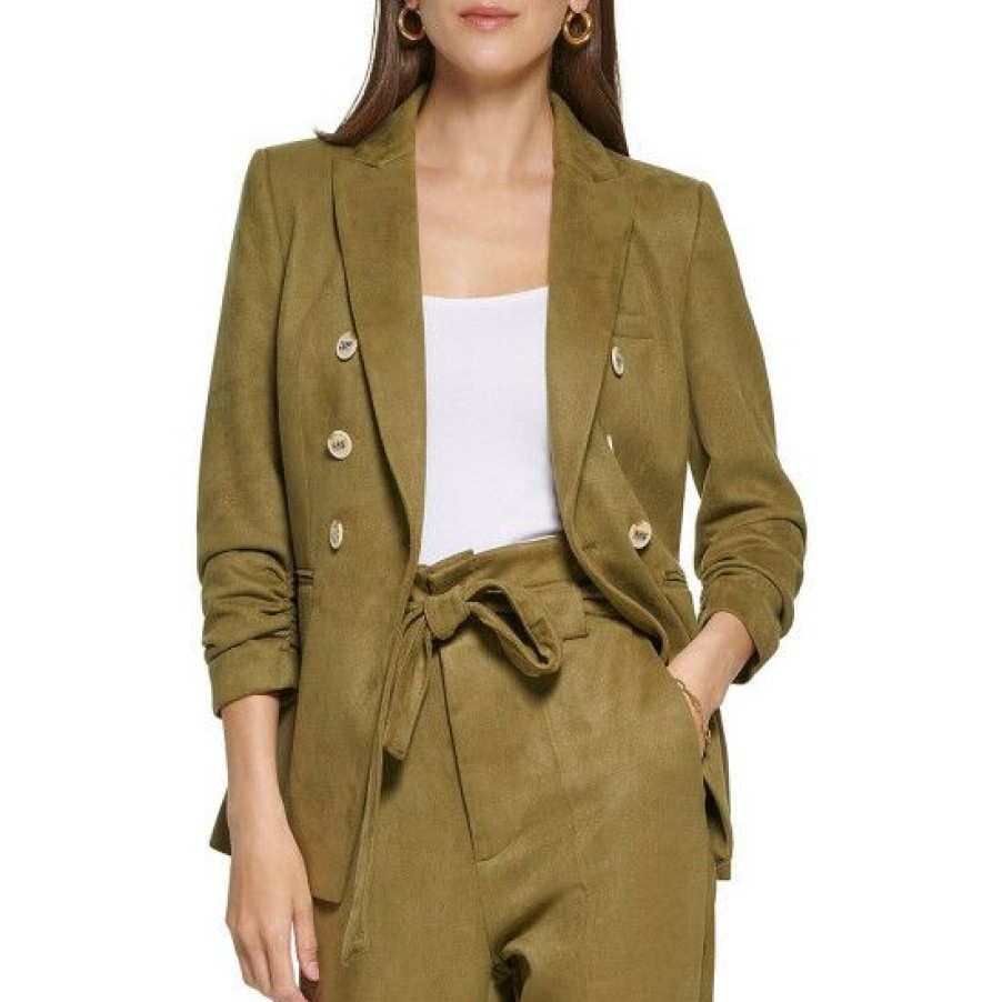 Women'S Clothing * | Budget Dkny Double Breasted Faux Notch Collar 3/4 Ruched Sleeve Suede Blazer Olive