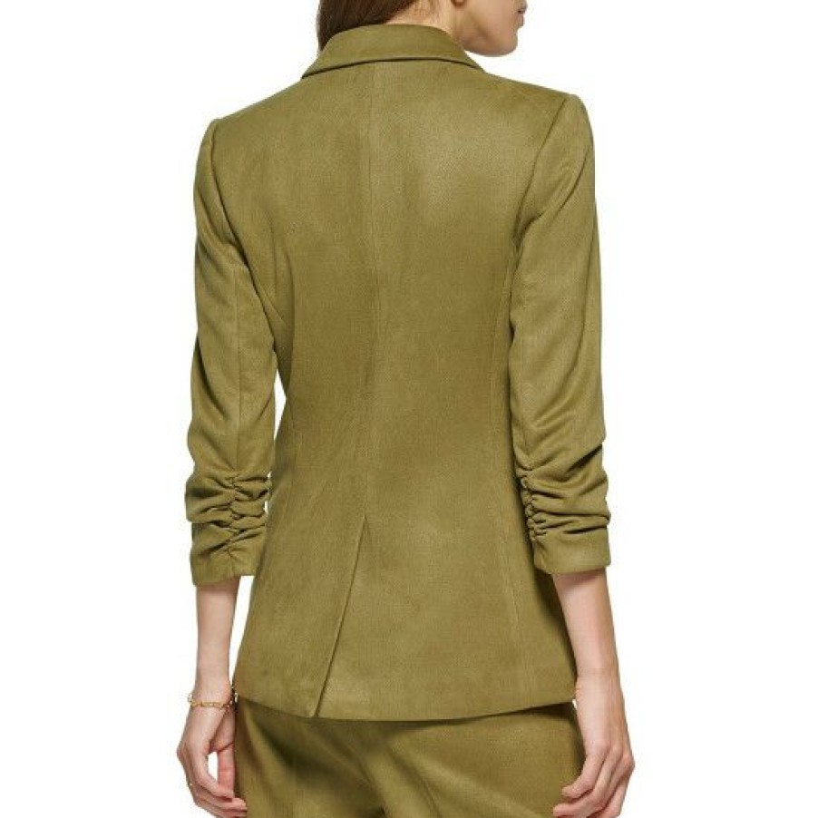 Women'S Clothing * | Budget Dkny Double Breasted Faux Notch Collar 3/4 Ruched Sleeve Suede Blazer Olive