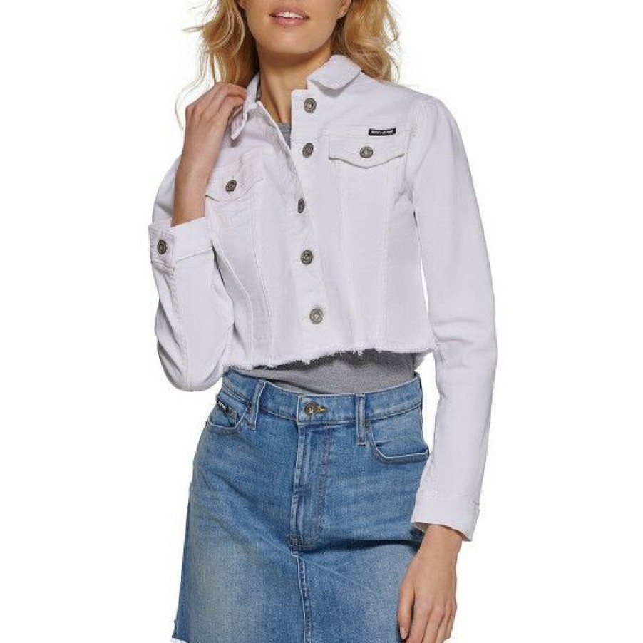 Women'S Clothing * | Best Sale Dkny Jeans Raw Hem Crop Trucker Point Collar Long Sleeve Button Front Denim Jacket Rinse Denim