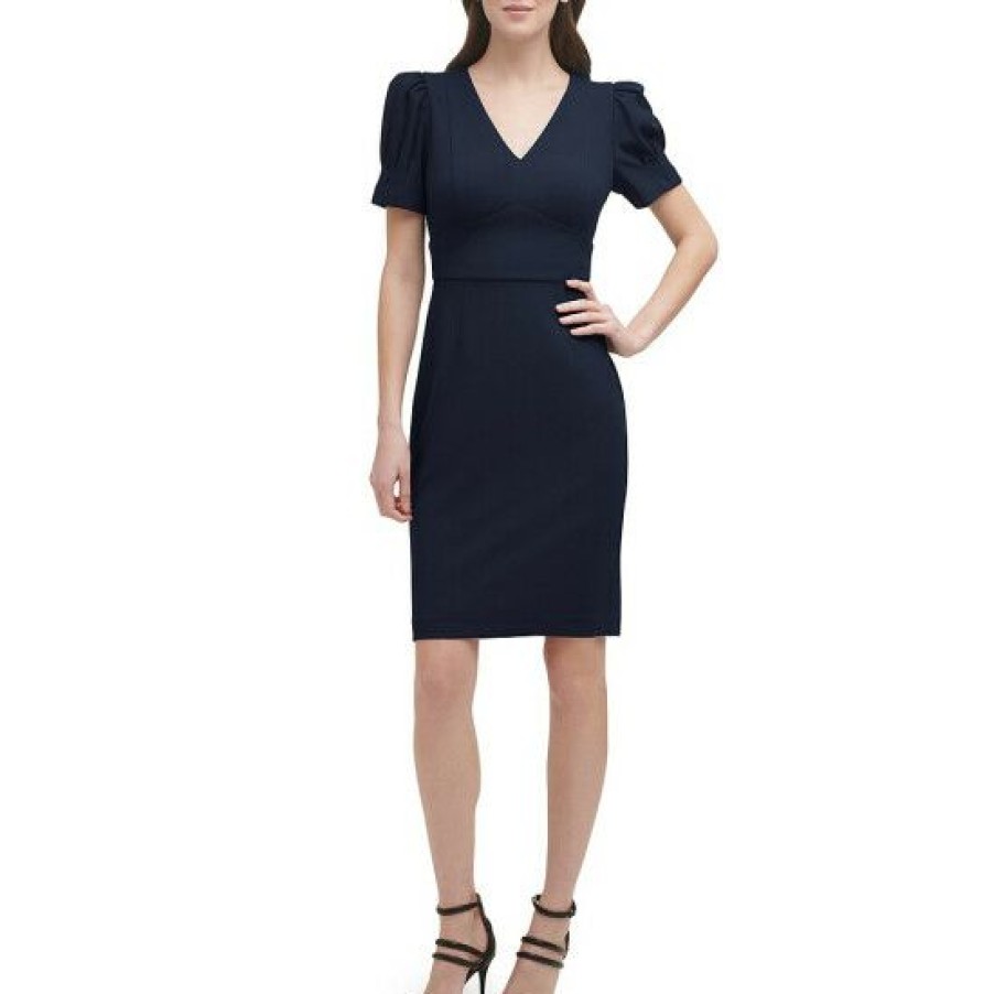 Women'S Clothing * | Cheapest Dkny Petite Size Short Puffed Sleeve V-Neck Scuba Crepe Sheath Dress Midnight