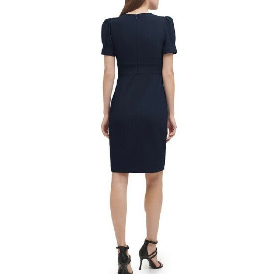 Women'S Clothing * | Cheapest Dkny Petite Size Short Puffed Sleeve V-Neck Scuba Crepe Sheath Dress Midnight