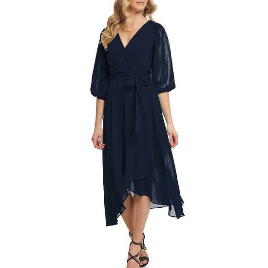 Women'S Clothing * | Hot Sale Dkny Petite Size 3/4 Balloon Sleeve Surplice V-Neck Chiffon Tie Waist Faux Wrap Midi Dress Navy