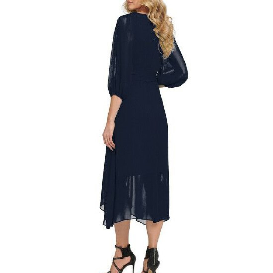 Women'S Clothing * | Hot Sale Dkny Petite Size 3/4 Balloon Sleeve Surplice V-Neck Chiffon Tie Waist Faux Wrap Midi Dress Navy