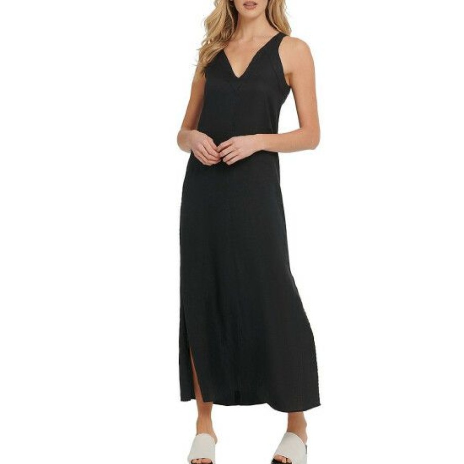 Women'S Clothing * | Promo Dkny V-Neck Side Slit Sleeveless Woven Linen Waistless Maxi Dress