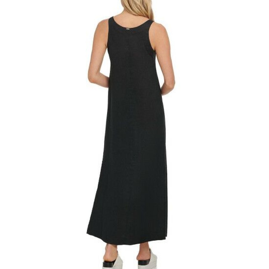 Women'S Clothing * | Promo Dkny V-Neck Side Slit Sleeveless Woven Linen Waistless Maxi Dress