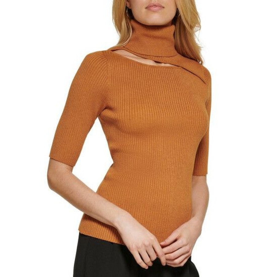 Women'S Clothing * | Buy Dkny Turtleneck Cut-Out 3/4 Sleeve Rib Knit Top Roasted Pecan/Heather Black