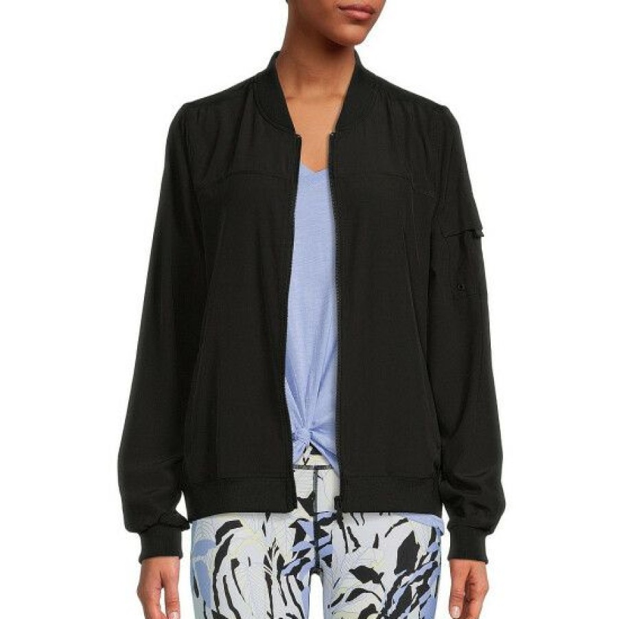 Women'S Clothing * | Discount Dkny Sport Banded Collar Long Sleeve Zip Front Cargo Jacket Black