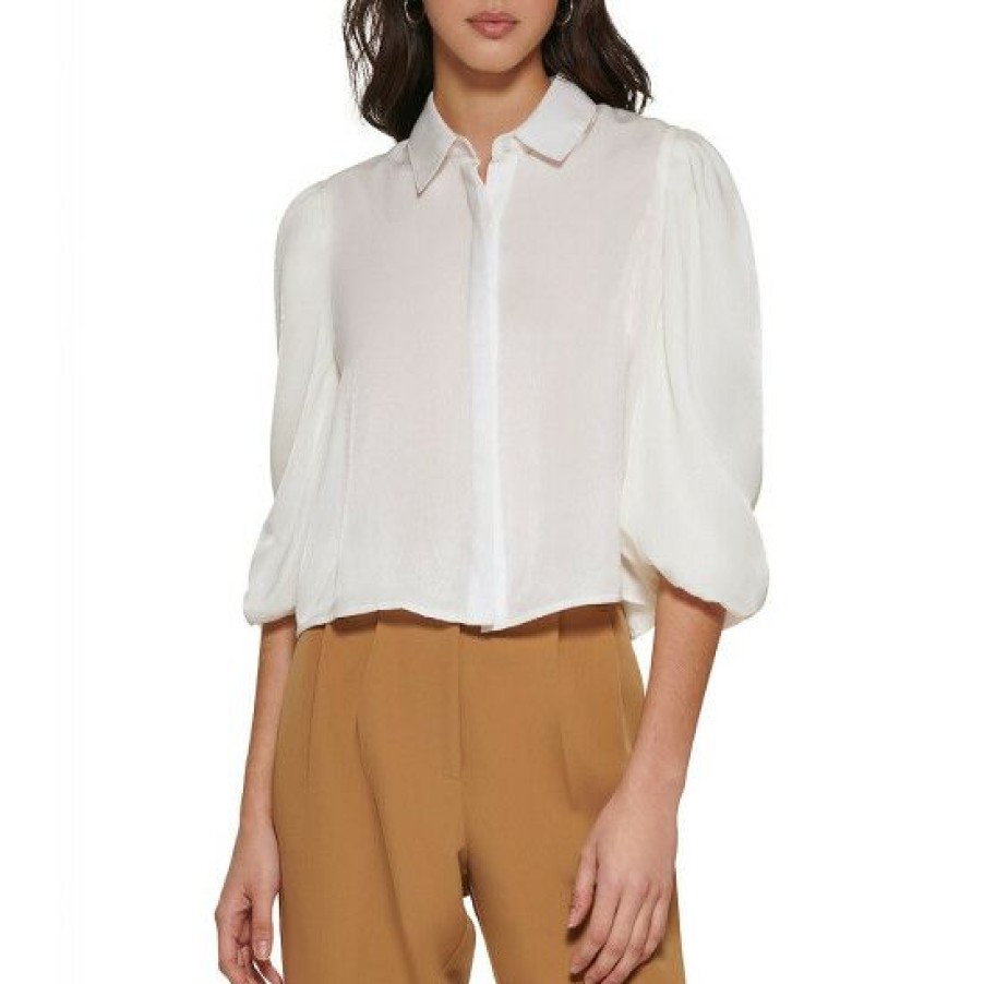 Women'S Clothing * | New Dkny Point Collar Button Front 3/4 Ruched Puff Sleeve Blouse Ivory