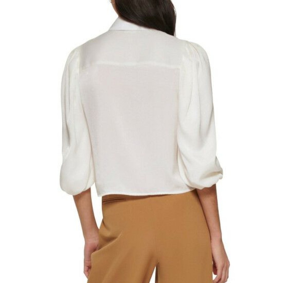 Women'S Clothing * | New Dkny Point Collar Button Front 3/4 Ruched Puff Sleeve Blouse Ivory