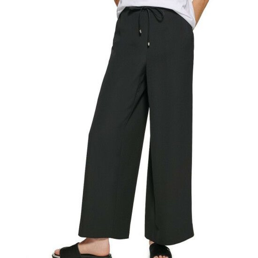 Women'S Clothing * | Brand New Dkny Drawstring Waist Wide Leg Woven Pants Black