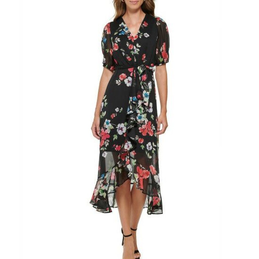 Women'S Clothing * | Deals Dkny Petite Size Floral Print Short Puffed Sleeve Surplice V-Neck Tie Waist Chiffon Midi Dress Saffron Combo