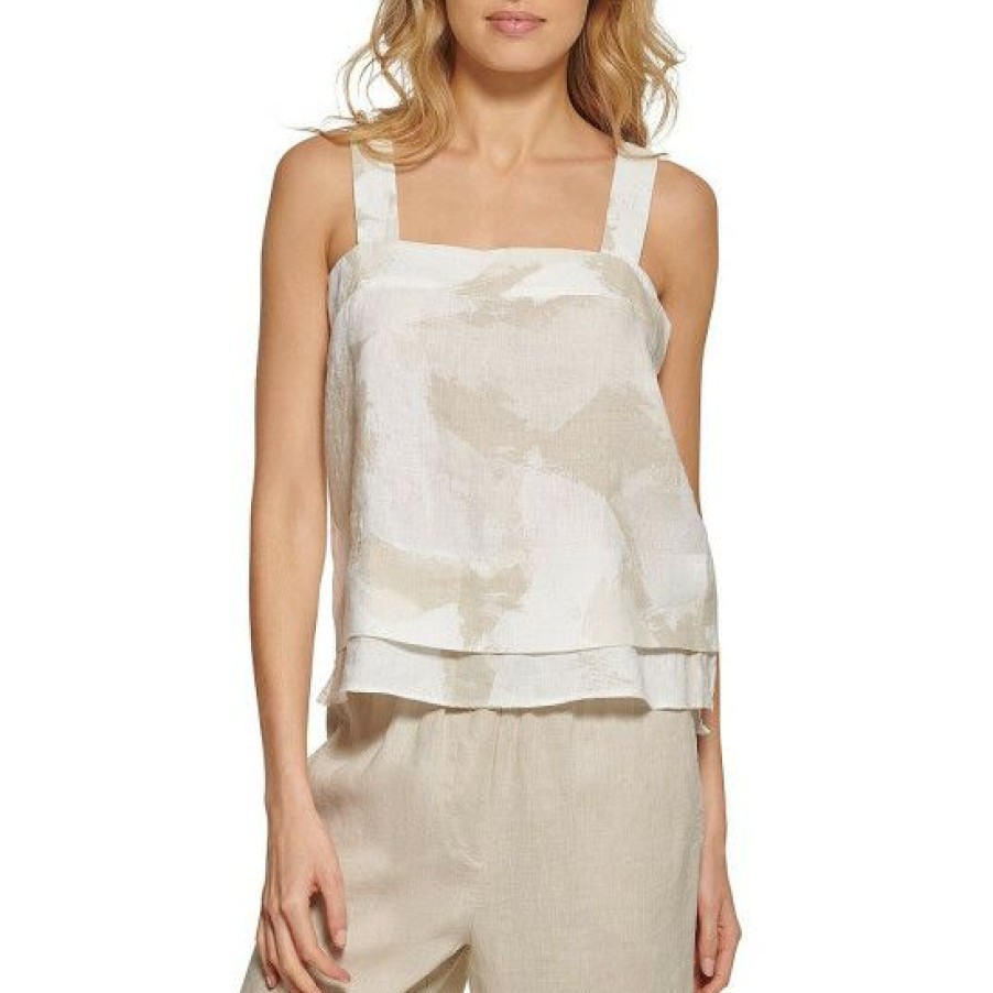 Women'S Clothing * | Best Reviews Of Dkny Printed Square Neck Sleeveless Layered Linen Tank Top Natural Multi