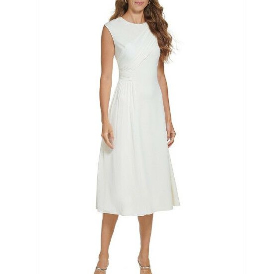 Women'S Clothing * | Promo Dkny Stretch Crew Neck Sleeveless Pleated Midi Dress Buttercream