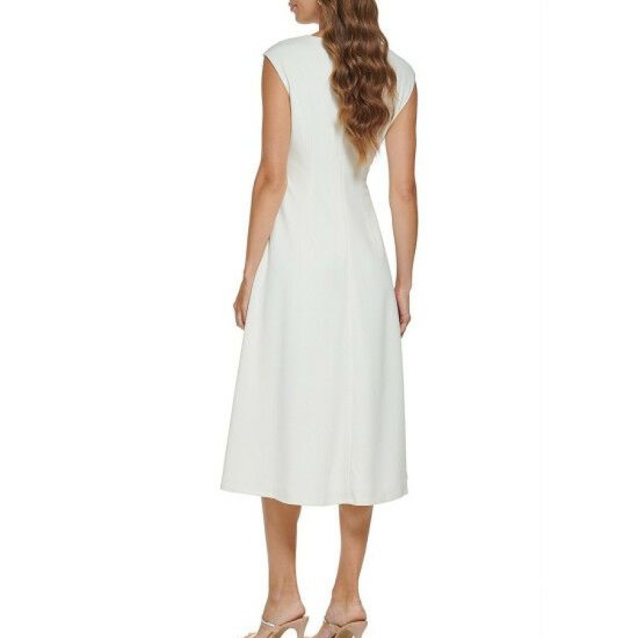 Women'S Clothing * | Promo Dkny Stretch Crew Neck Sleeveless Pleated Midi Dress Buttercream