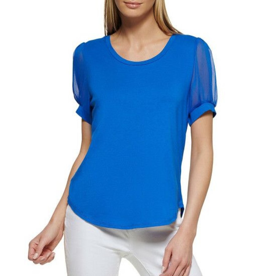 Women'S Clothing * | Best Sale Dkny Scoop Neck Short Puff Sleeve Mixed Media Top