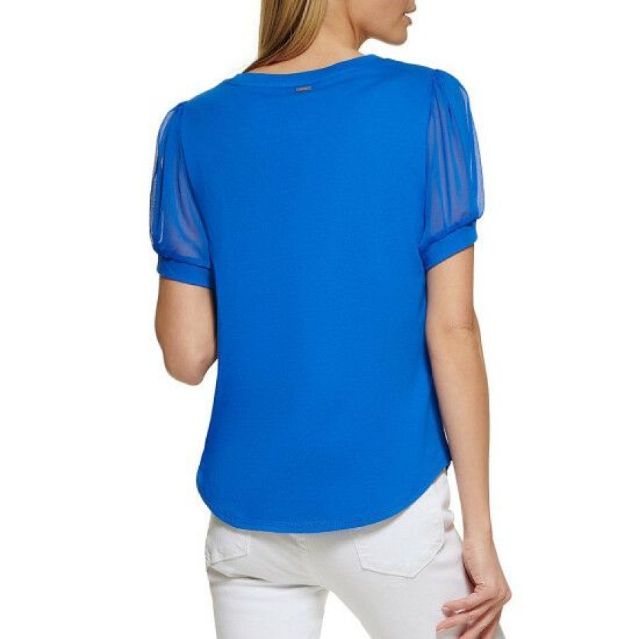 Women'S Clothing * | Best Sale Dkny Scoop Neck Short Puff Sleeve Mixed Media Top