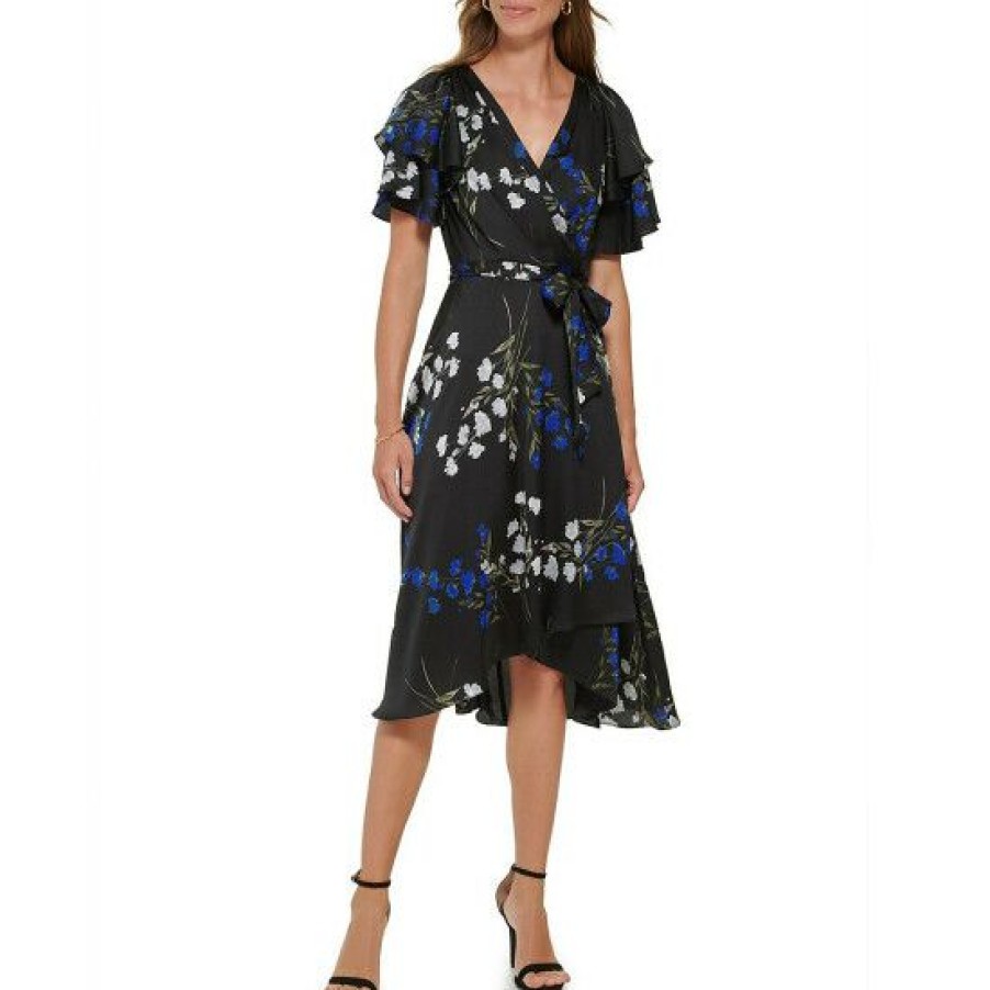 Women'S Clothing * | Best Reviews Of Dkny Petite Size Floral Print Short Flutter Sleeve Surplice V-Neck Satin Faux Wrap Midi Dress Cobalt Multi