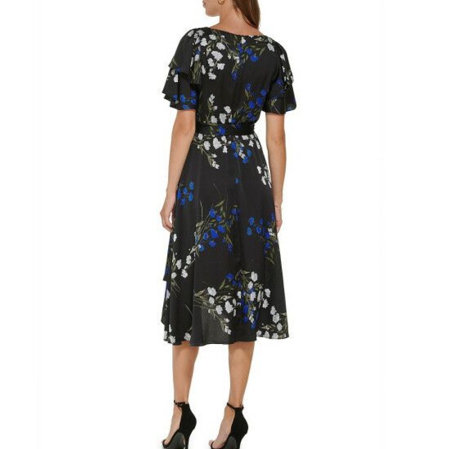 Women'S Clothing * | Best Reviews Of Dkny Petite Size Floral Print Short Flutter Sleeve Surplice V-Neck Satin Faux Wrap Midi Dress Cobalt Multi