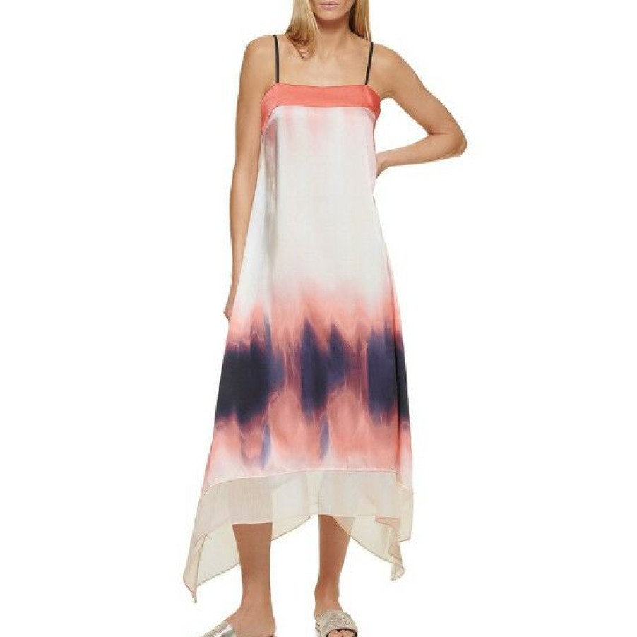 Women'S Clothing * | Top 10 Dkny Tie Dye Scarf Twill Square Neck Sleeveless Waistless Maxi Dress Spark/New Navy Multi