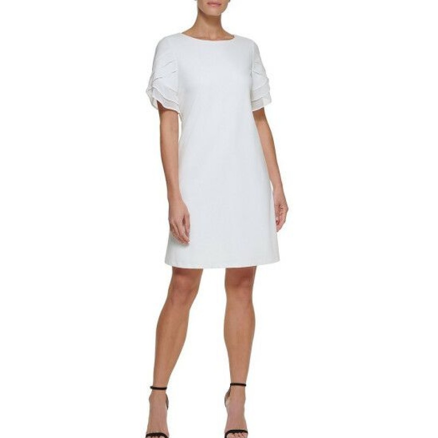 Women'S Clothing * | Cheapest Dkny Chiffon Short Layered Sleeve Round Neck Trapeze Dress Ivory