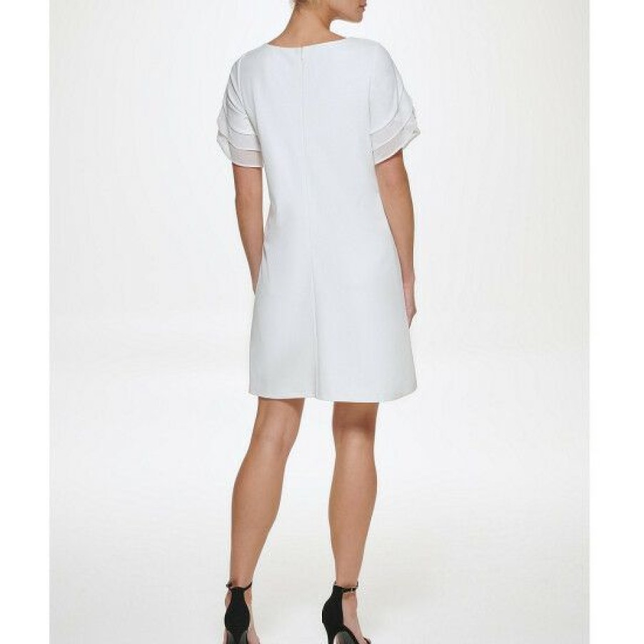 Women'S Clothing * | Cheapest Dkny Chiffon Short Layered Sleeve Round Neck Trapeze Dress Ivory