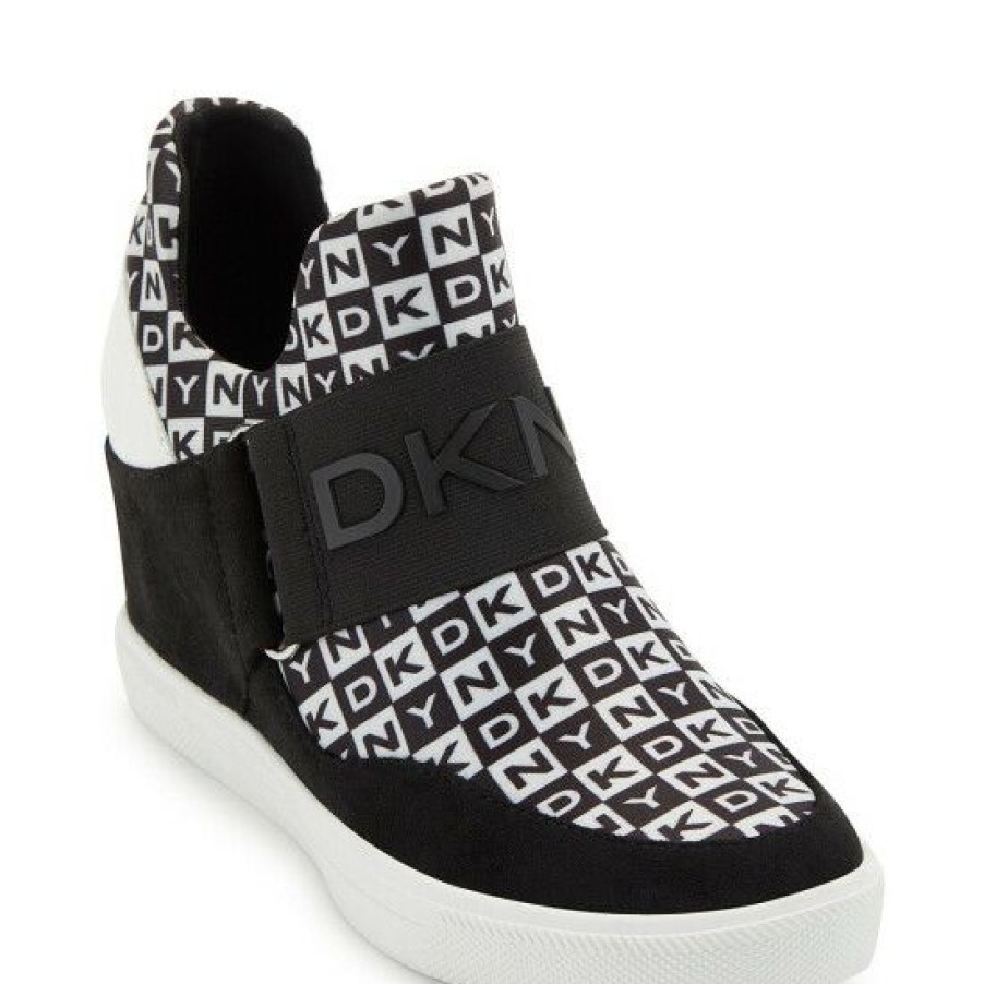 Shoes * | Best Deal Dkny Cosmos Checkered Logo Print Hidden Wedge Sneakers Black/White