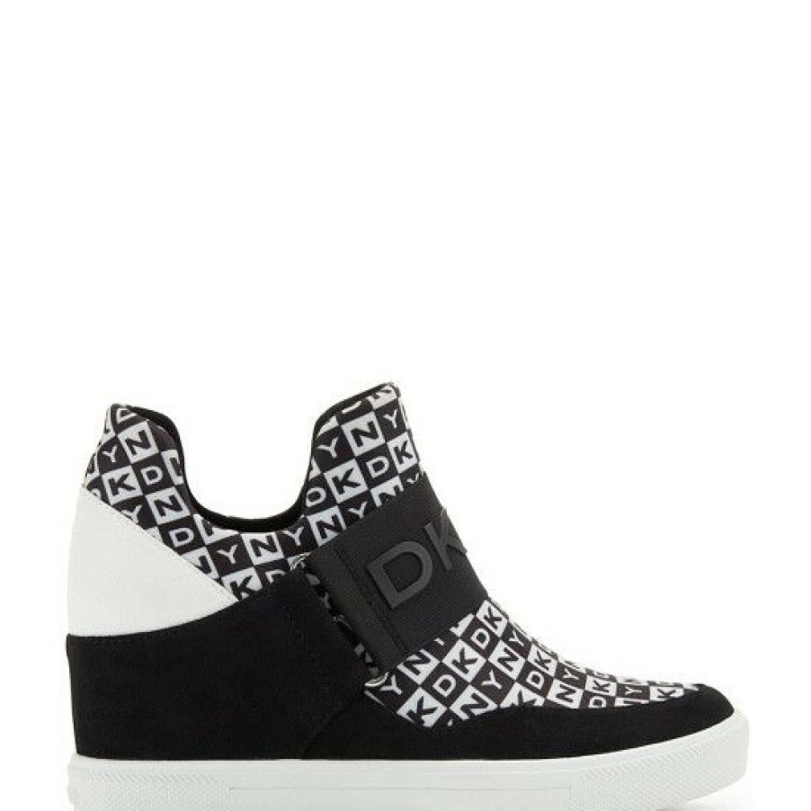 Shoes * | Best Deal Dkny Cosmos Checkered Logo Print Hidden Wedge Sneakers Black/White