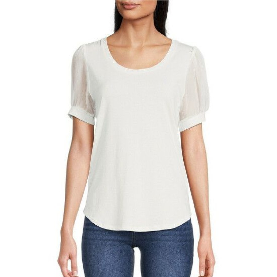 Women'S Clothing * | Best Pirce Dkny Jewel Neck Short Puff Chiffon Sleeve Knit Top