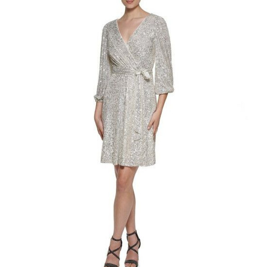 Women'S Clothing * | Wholesale Dkny 3/4 Sleeve Faux Wrap Stretch Sequin Dress Silver