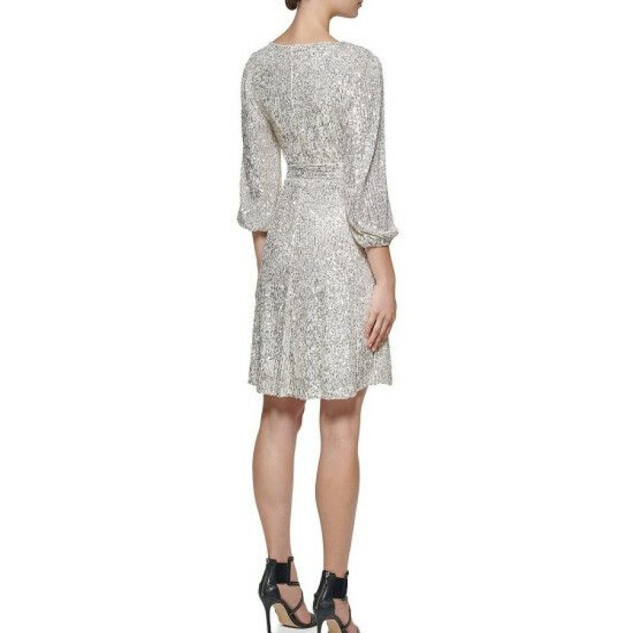 Women'S Clothing * | Wholesale Dkny 3/4 Sleeve Faux Wrap Stretch Sequin Dress Silver