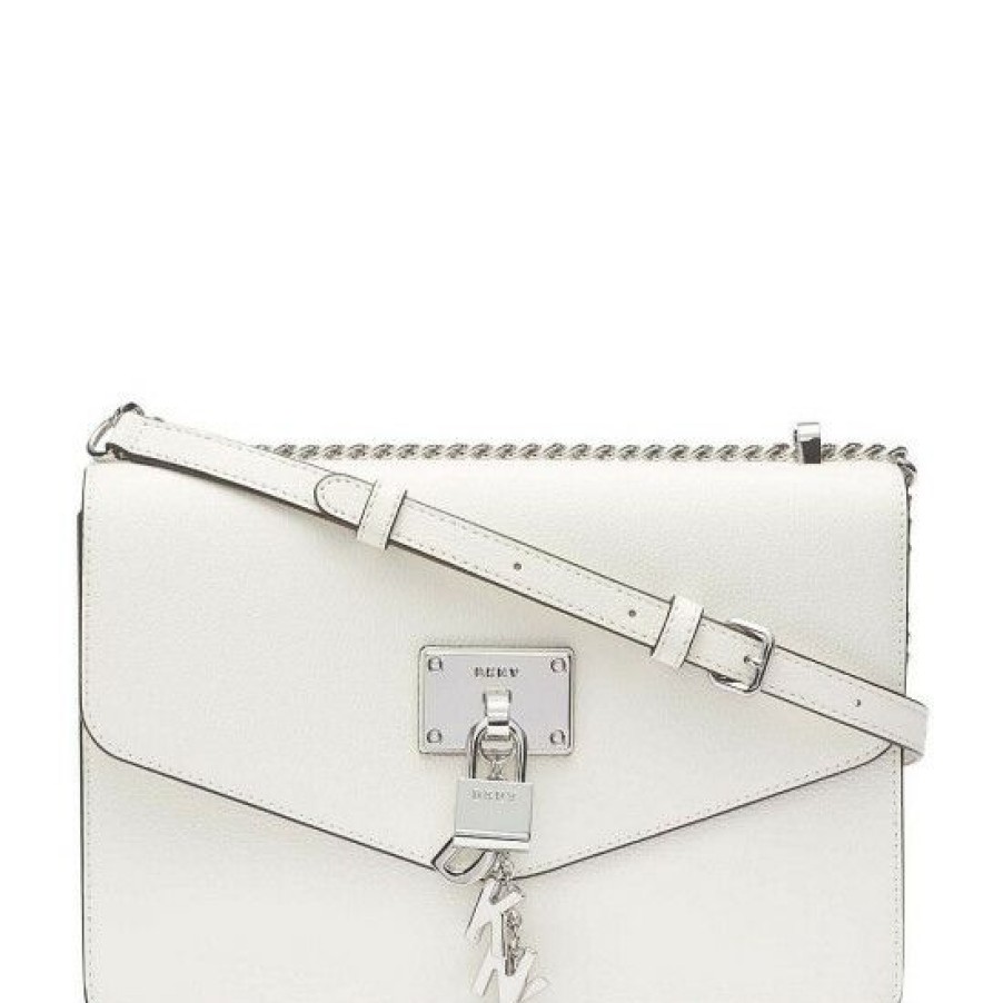 Women'S Clothing * | Hot Sale Dkny Elissa Large Pebbled Leather Charm And Lock Shoulder Bag White/Silver