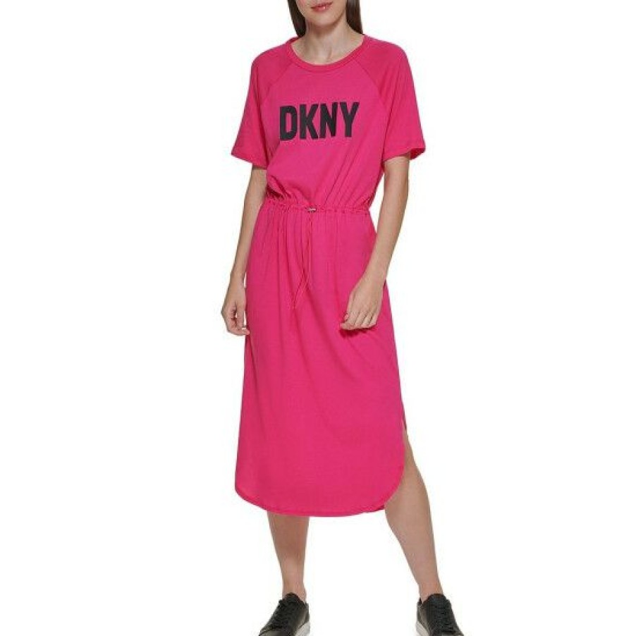 Women'S Clothing * | Outlet Dkny Signature Logo Crew Neck Short Sleeve Drawstring Waist Curved Hem Knit Midi T-Shirt Dress Lipgloss/Black