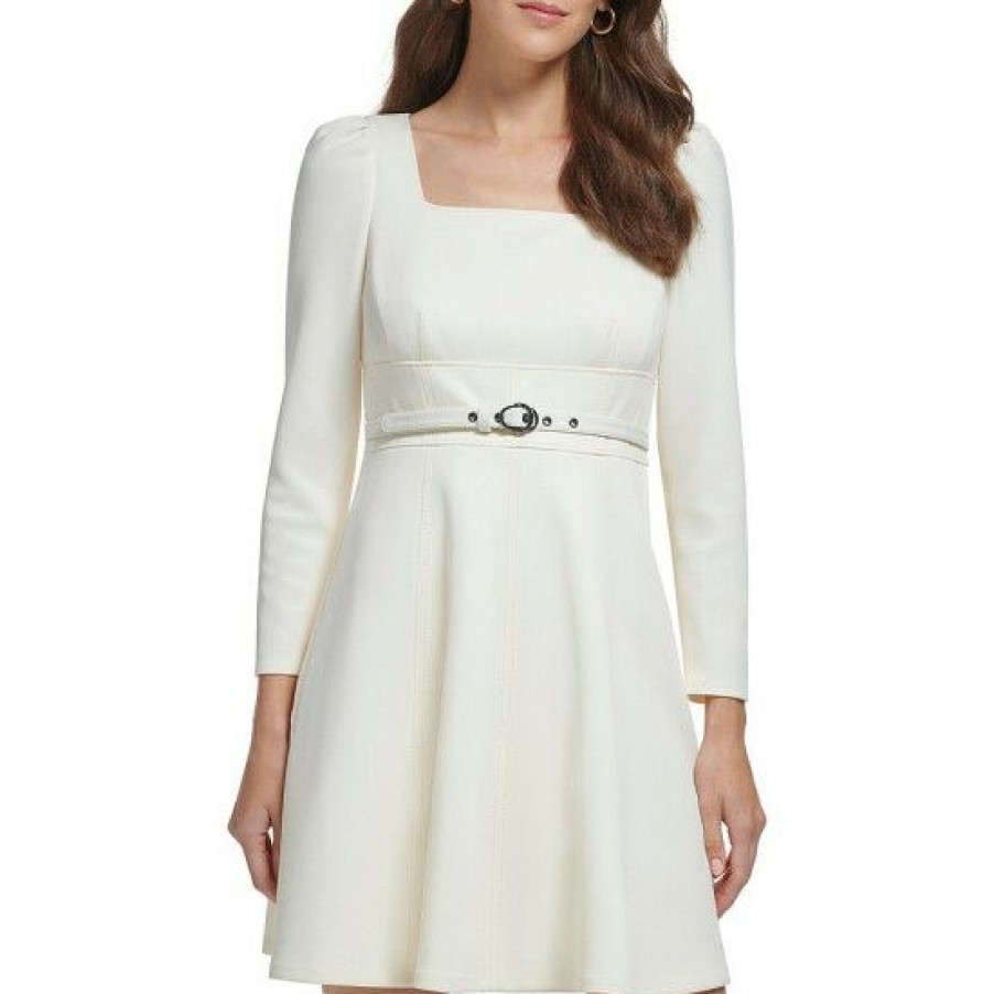 Women'S Clothing * | Discount Dkny Petite Size Long Sleeve Square Neck Belted Scuba Crepe Fit And Flare Dress Buttercream