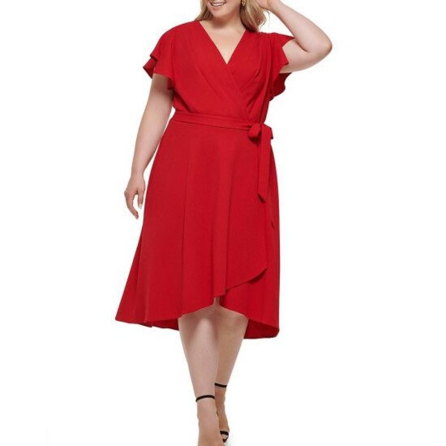 Women'S Clothing * | Discount Dkny Plus Size Surplice V-Neck Short Sleeve Tie Waist Faux Wrap Midi Dress Scarlet