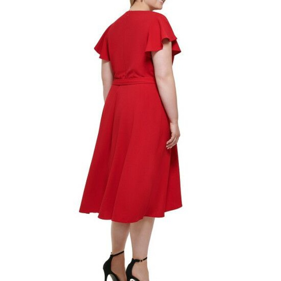 Women'S Clothing * | Discount Dkny Plus Size Surplice V-Neck Short Sleeve Tie Waist Faux Wrap Midi Dress Scarlet