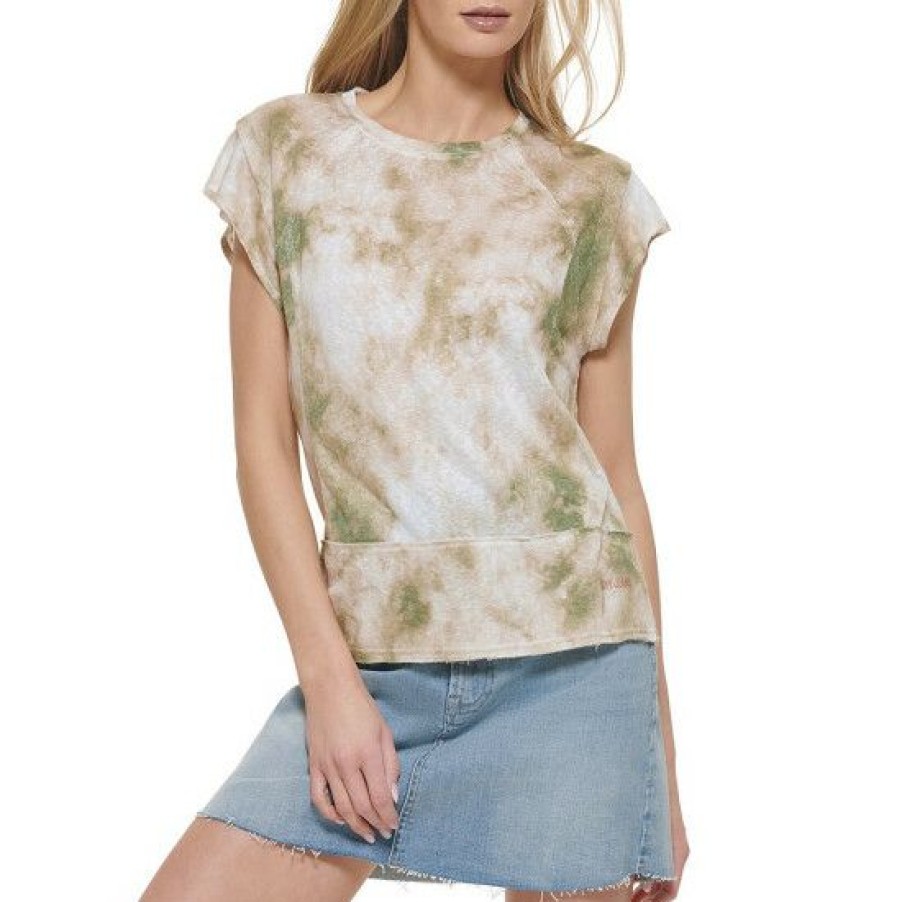 Women'S Clothing * | Cheap Dkny Tie Dye Print Crew Neck Cap Raglan Flutter Sleeve Top Grey Olive Multi